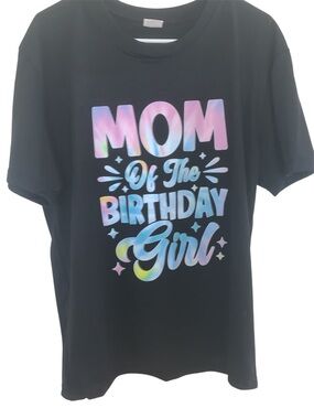 Mom of the Birthday Girl Tee - XL. Black with Pastel Rainbow Print